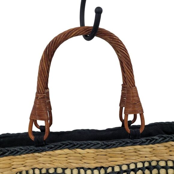 The Sak Woven Straw Rattan Basket Tote Bag Black Neutral Checkered Top Handle - Picture 4 of 8